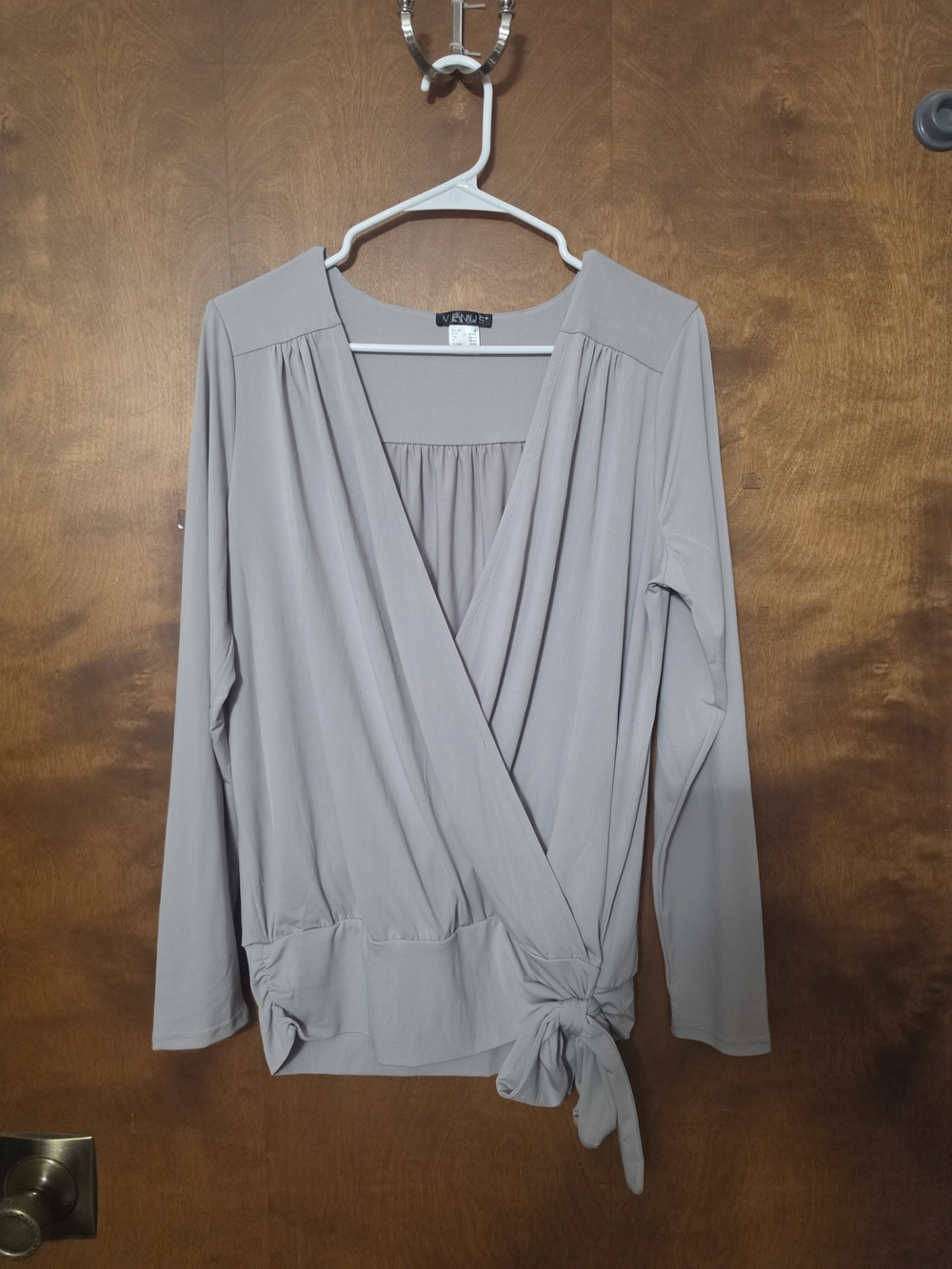 VENUS Light Taupe Wrap-Front Look Long Sleeve Blouse